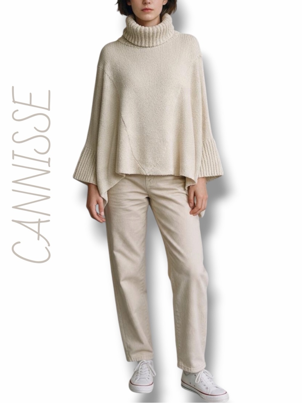 CANNISSE Women’s Cream/Beige Turtleneck Knit Poncho Sweater in one Size